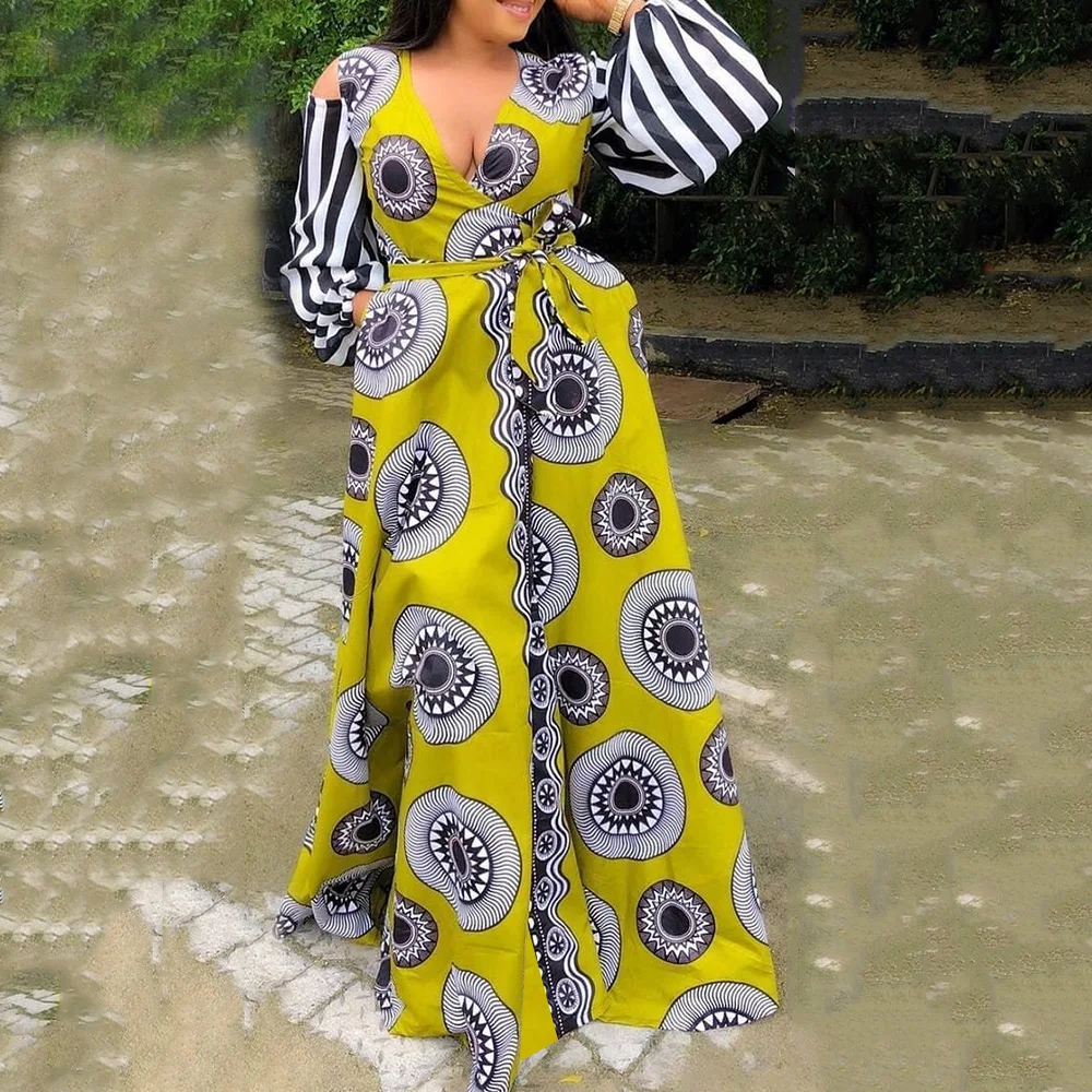 Длинное платье с принтом и поясом сексуальные женские вечерние платья для