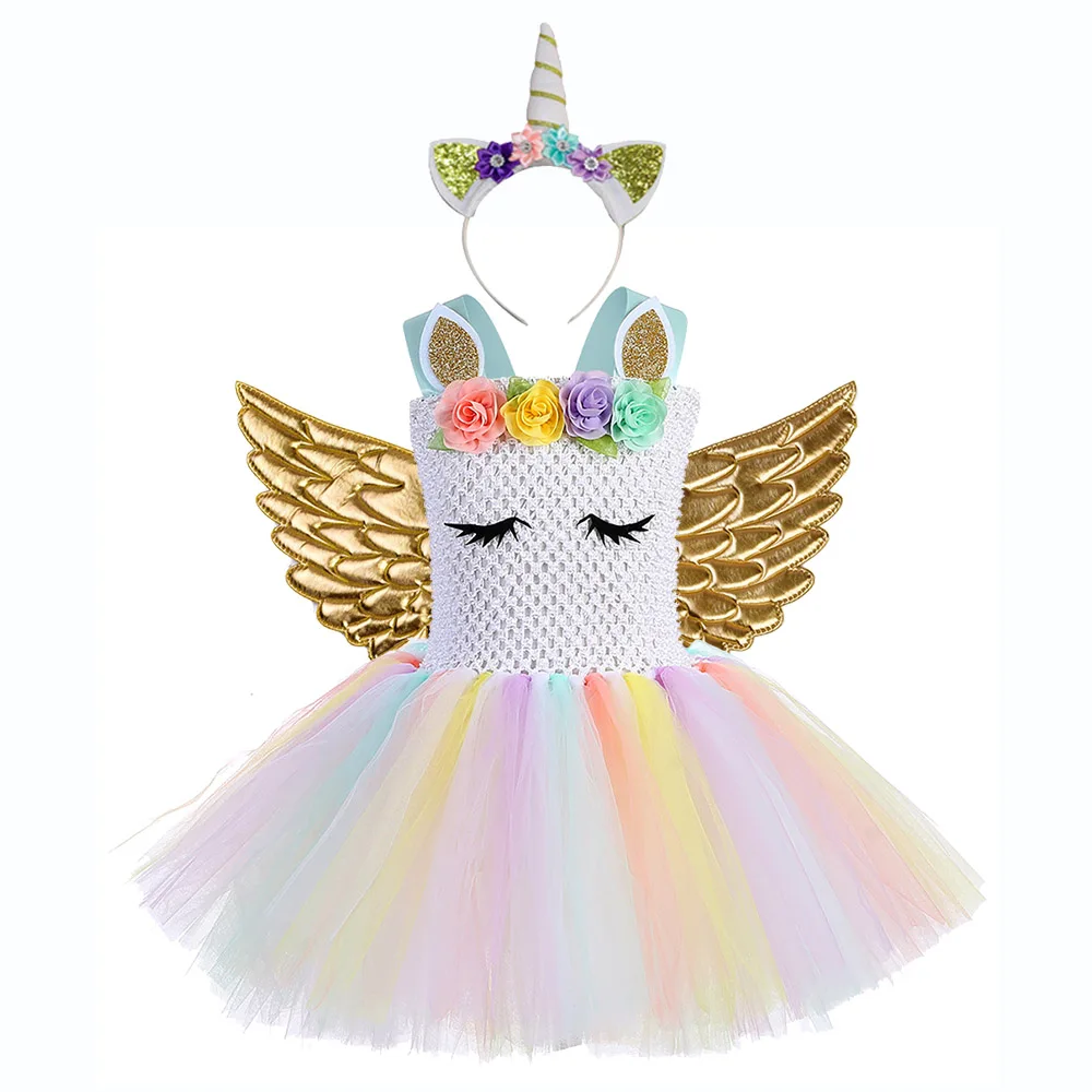 Unicorn Dress Set 3 Рождественское платье принцессы для маленьких девочек; платье с пони до колена; платье-сюрприз для подростков; платье-пачка с единорогом; повязка на голову; Крылья Ангела - Цвет: Unicorn Dress Set 3