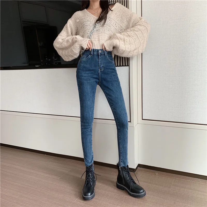 Джинсы женские облегающие эластичные средней посадки на осень/зиму 8891|Узкие