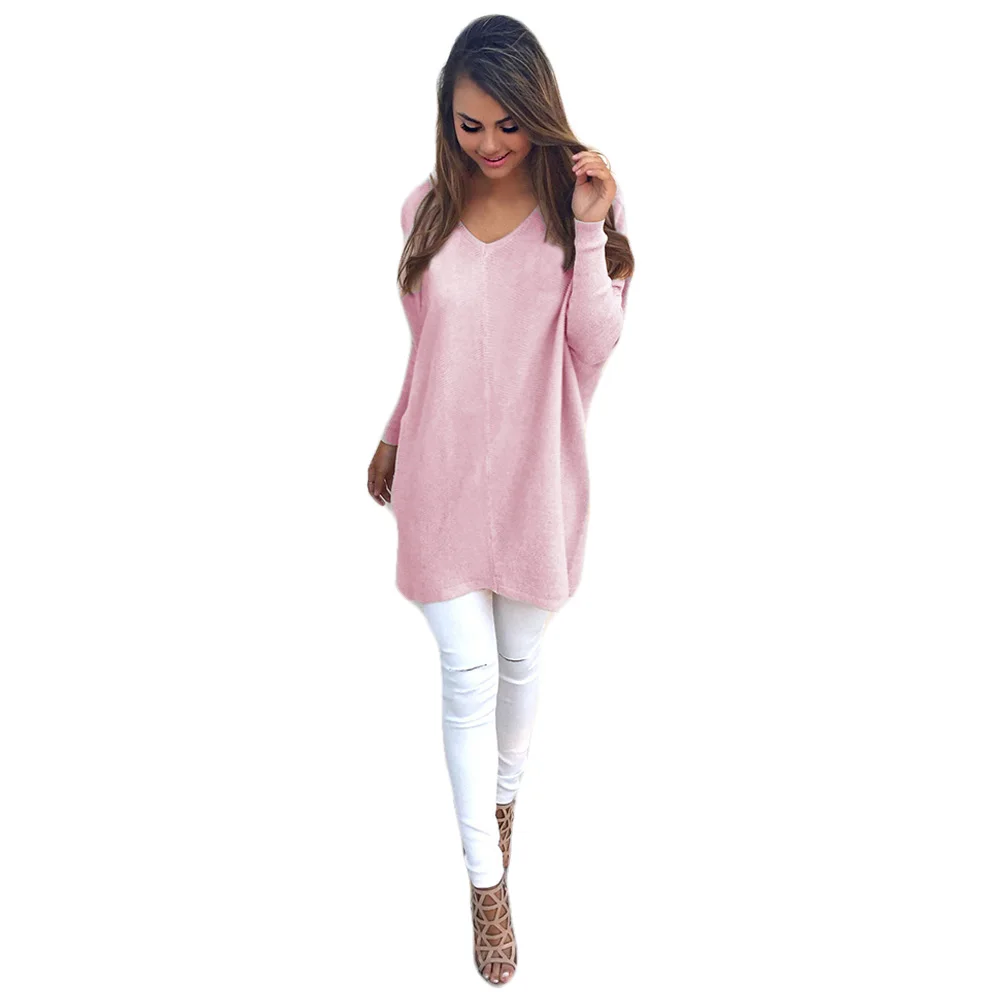 

Fashion Spring Autumn Winter Womens Long-sleeved V-Neck Loose Knitted Oversized Baggy Long Sweater Jumper Tops Female