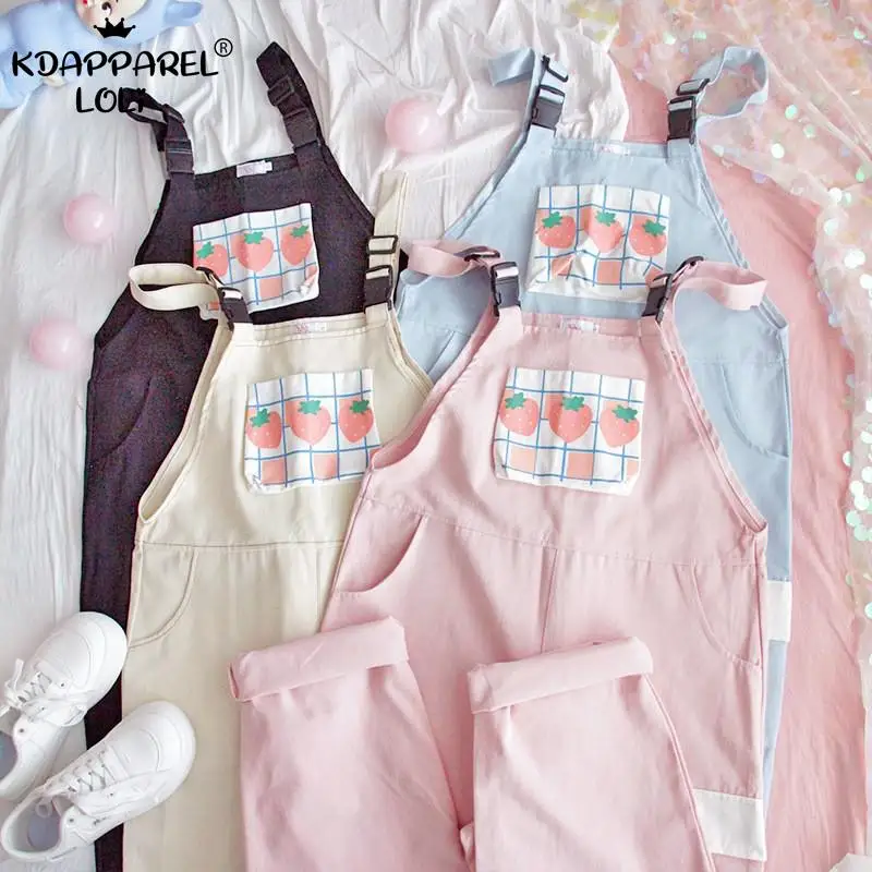 

Sweet Women Straps Pants Overalls Casual Strawberry Pocket Solid Trousers Kawaii Girls Teens Pink Loose Jumpsuit Spring Summer