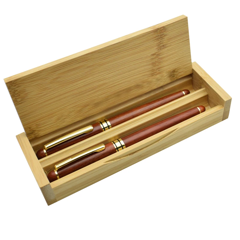 Один комплект 2 красное дерево гелевые ручки с подарочная шкатулка из бамбука