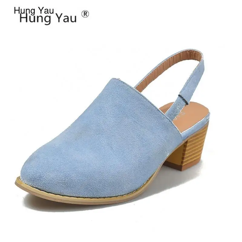 

Women Sandals Summer Platform Sandals Comfortable High Heel Vintage Leather Black Pointed Toe Muller Blue Black Shoes Plus Size