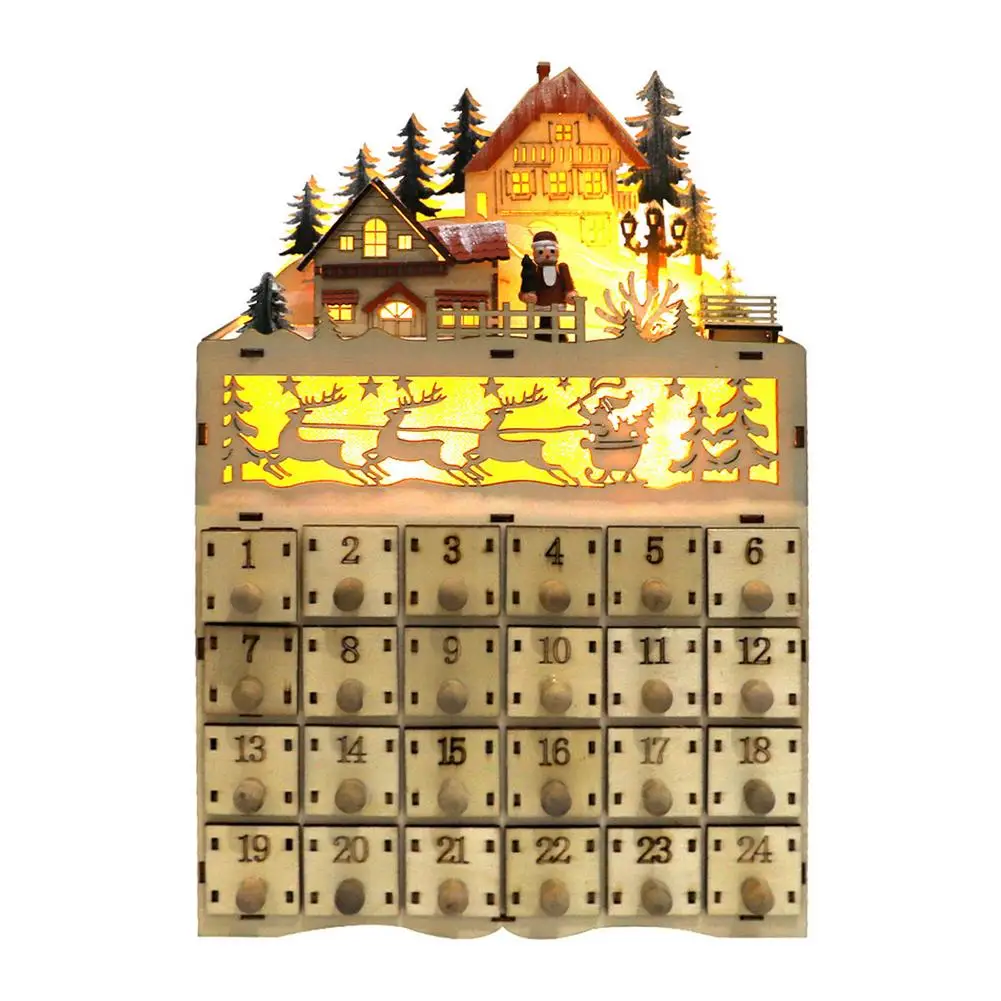 

Wooden Christmas Advent Calendar Cabinet Countdown Ornaments Snow Old Man LED Light Ornament New Year Decorations