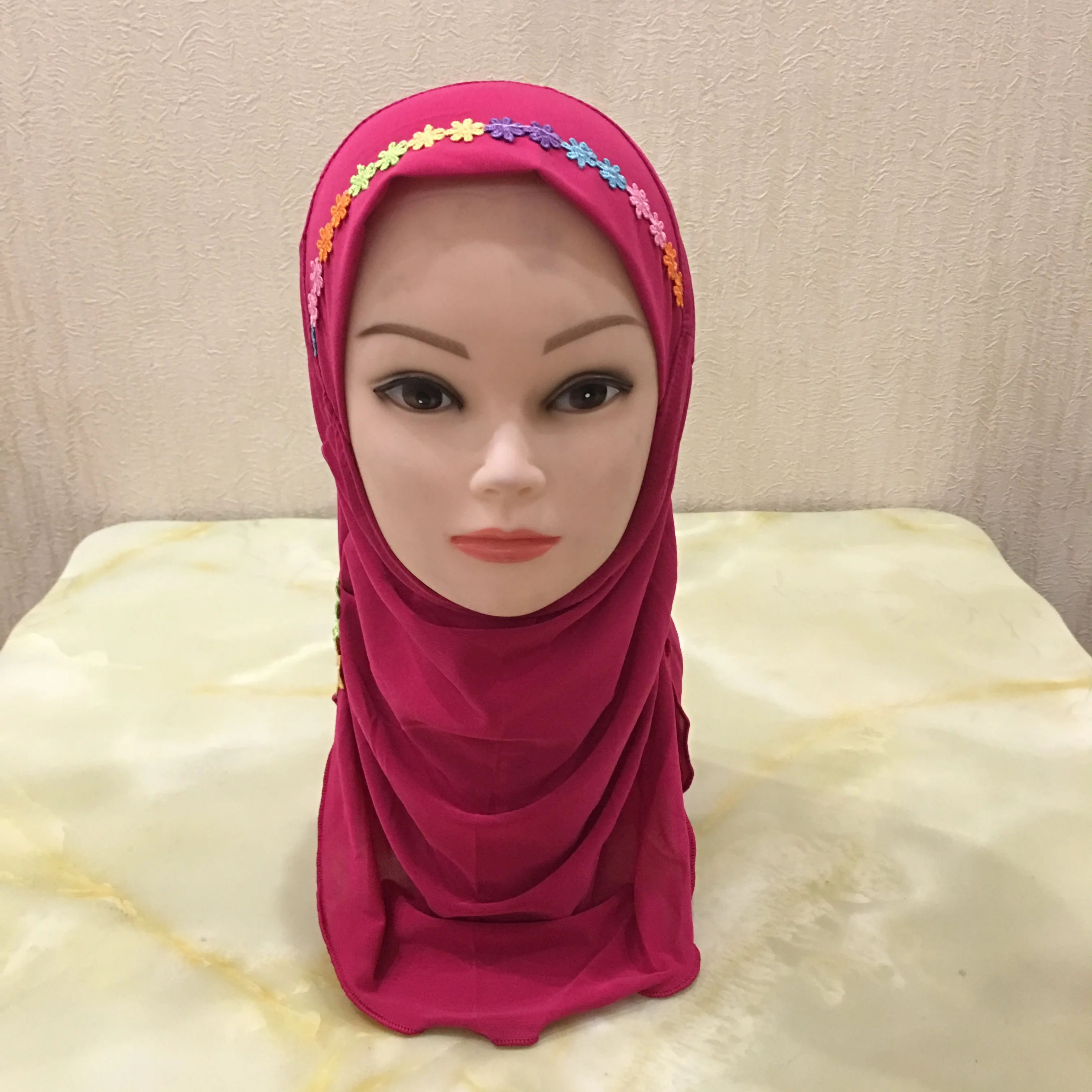 Muslim Girls Hijab Scarf Handmade Flower Applique Islamic Kids Turban Plain Headwrap Shawl Elastic Burqa for 2-7 Years Children |