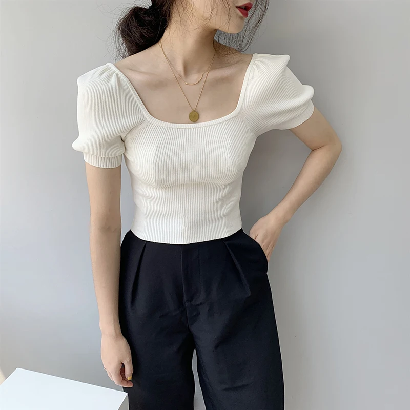 

Vintage Women Square Neck Knitted Tops Ladies Short Sleeve Short Sweater Office Lady Pullover Tops for Summer