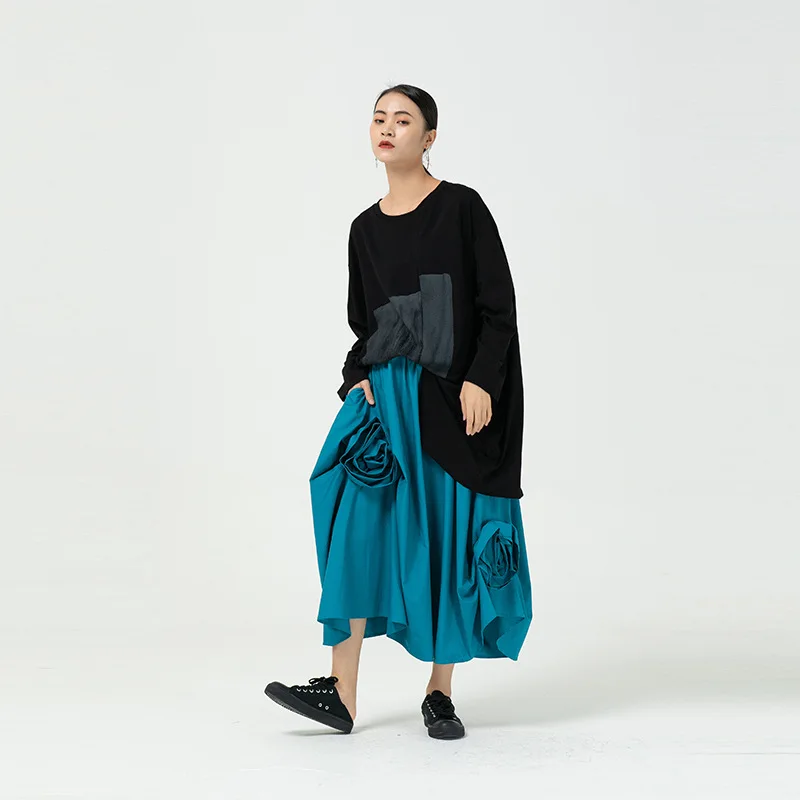 

2021 New Design Solid Appliques Bud Collage Irregular Overskirt Plus Size A-Line Mid-Calf Skirts Womens