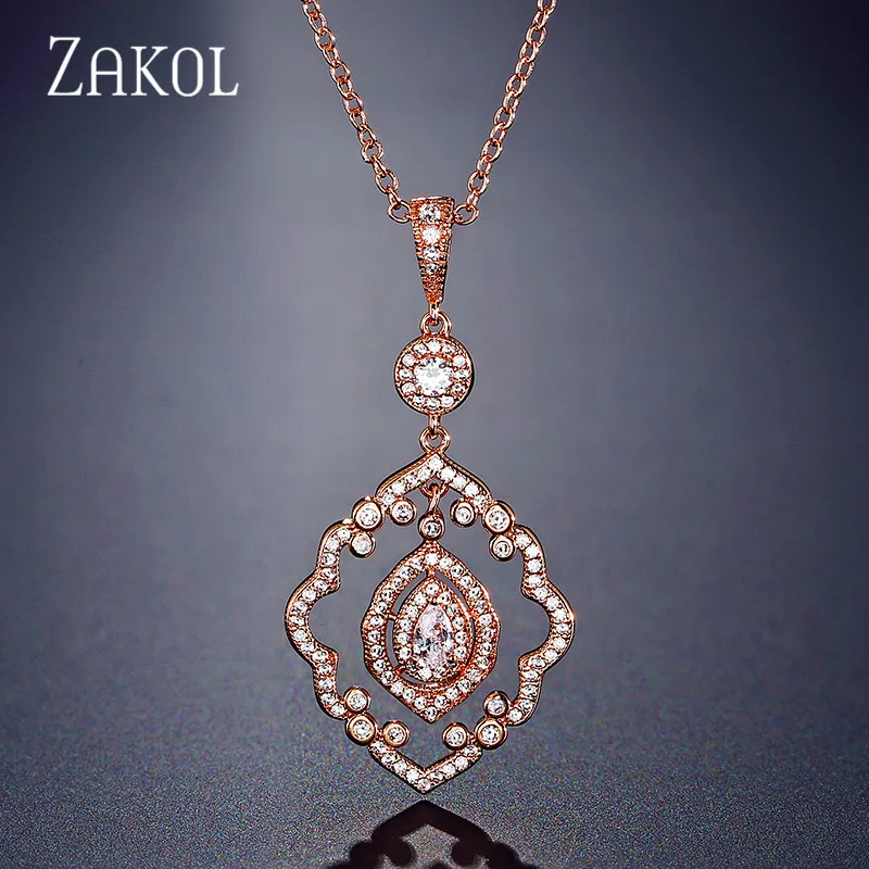 Rose Gold Color ZAKOL персонализированные винтажные растения циркония Длинная подвеска ожерелье для женщин Девушка Мода Свадебная вечеринка подарки ювелирные изделия FSNP2080 - Окраска металла: Rose Gold Color