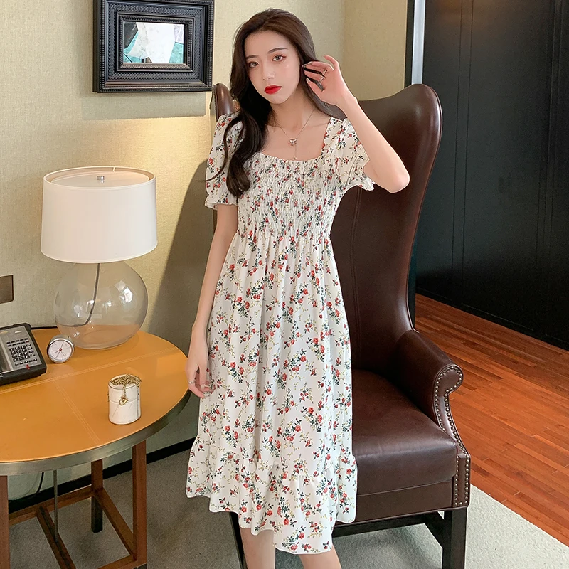 Женские плиссированные платья с высокой талией и цветочным принтом лето 2021