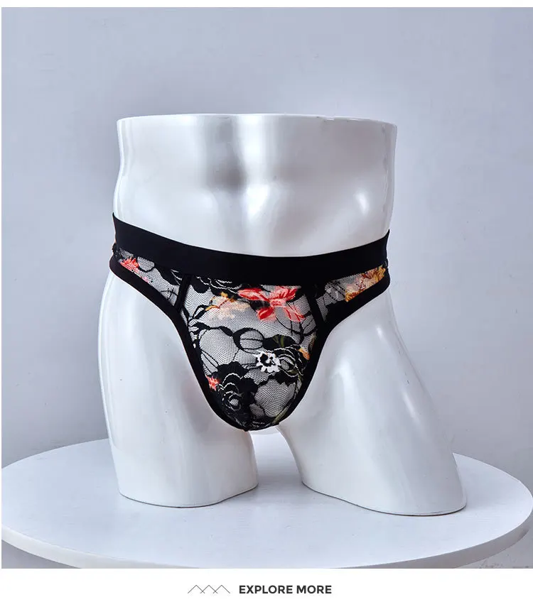 Sexy Underwear Men G-string Thong Transparent Lace T-panties Man Printed Floral Pouch |