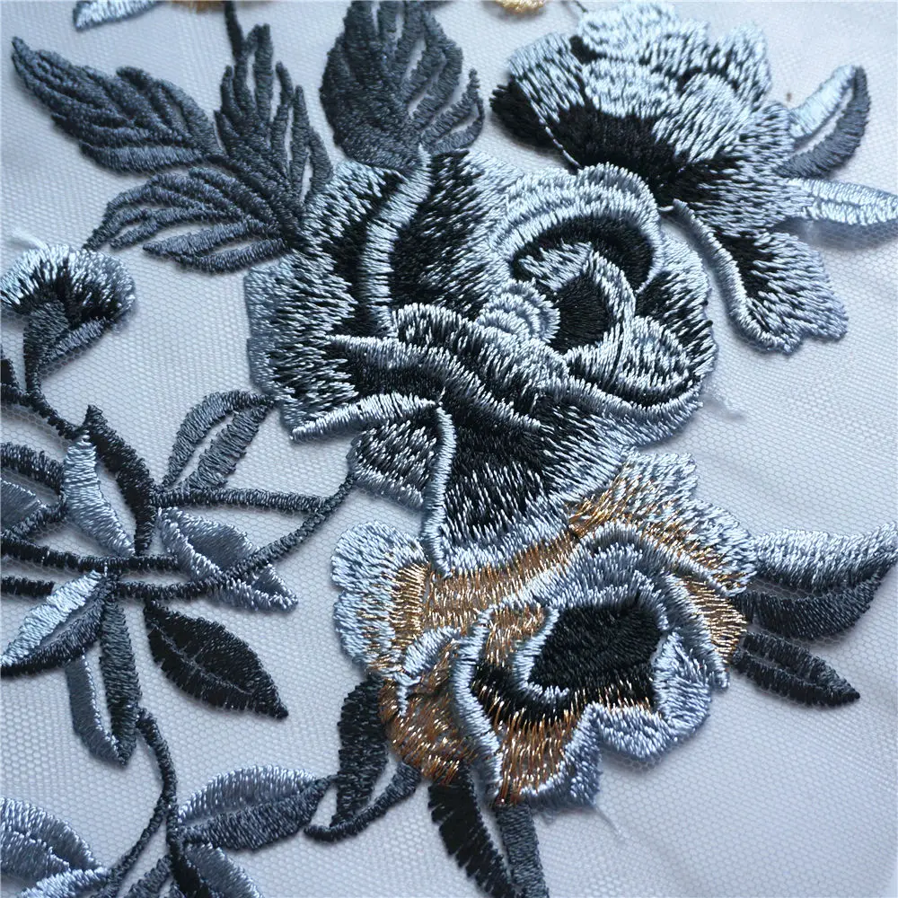 Серый вышитый цветок аппликации кружевной ткани планки Воротник Сетки пришить