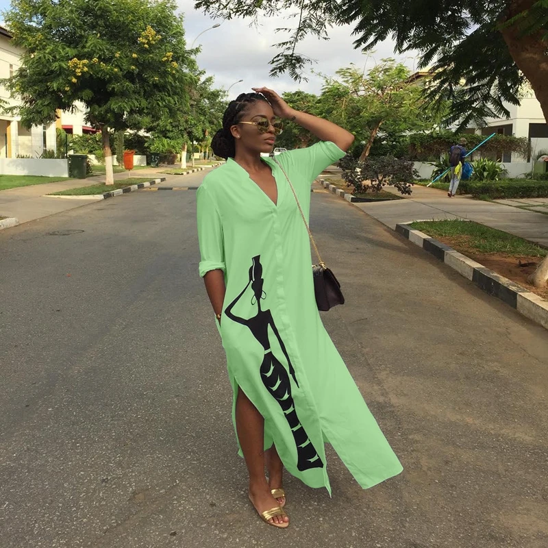 Африканское осеннее длинное платье рубашка женское с карманами рисунком