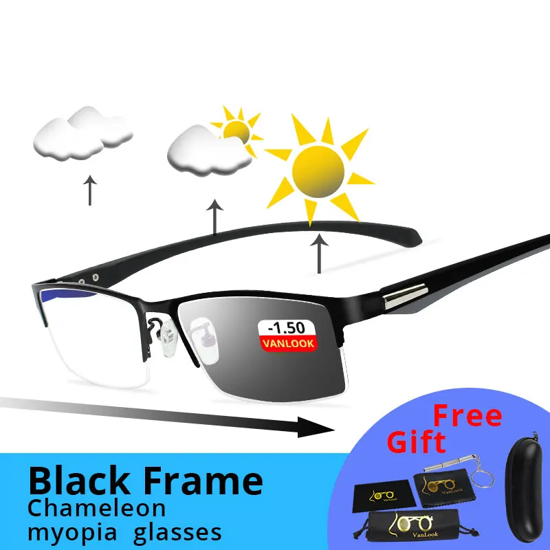 Black -1.50 Фотохромные очки Хамелеон Линзы Близорукость Blue Light Blocking Мужские компьютерные очки Игра на прицел-0,50-0,75-175-5,5-6 - Цвет оправы: Black -1.50