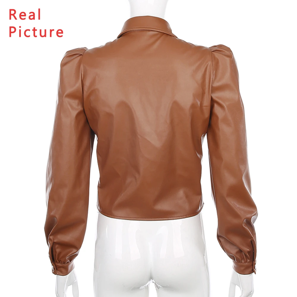 

Fashion PU Leather Long Sleeve Shirt Tops Women 2020 Lapel Collar Single Breasted Solid Color Shirts For Women Vintage