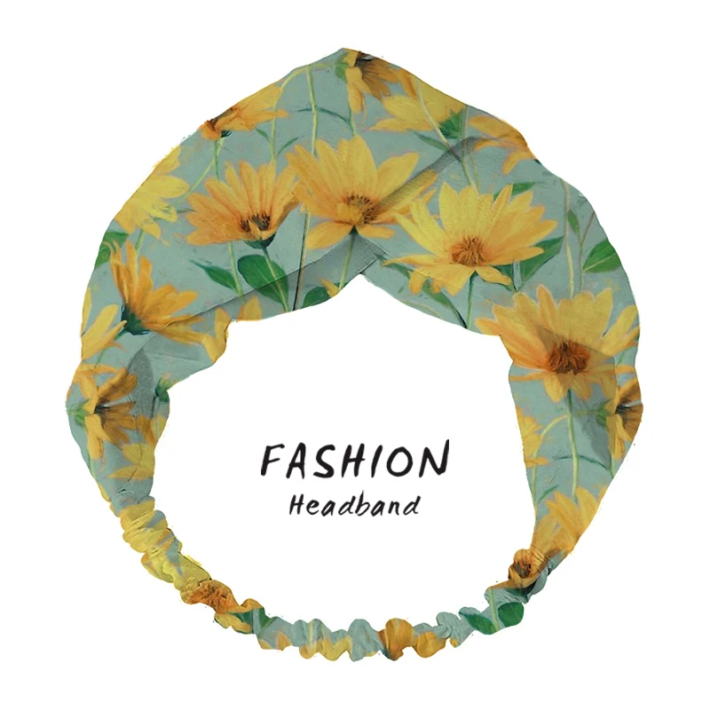 

2020 Women Hair Accessories Painted Golden Yellow Daisies On Soft Sage Bandana HairBand Headband Hairband Headwear Scrunchies
