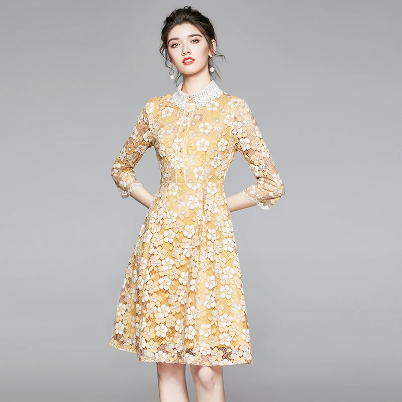 

ZUOMAN Women Autumn Elegant Lace Dress Festa High Quality Wedding Cocktail Party Robe Femme Vintage Designer Yellow Vestidos