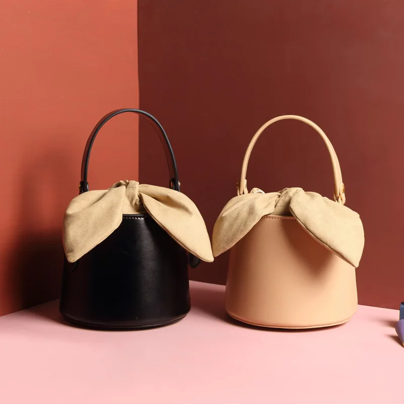 

Genuine Leather Women's Bag Bucket New Bowknot Shoulder Messenger Crossbody Korean Style Fashion For Women Bolsas Feminina Saco