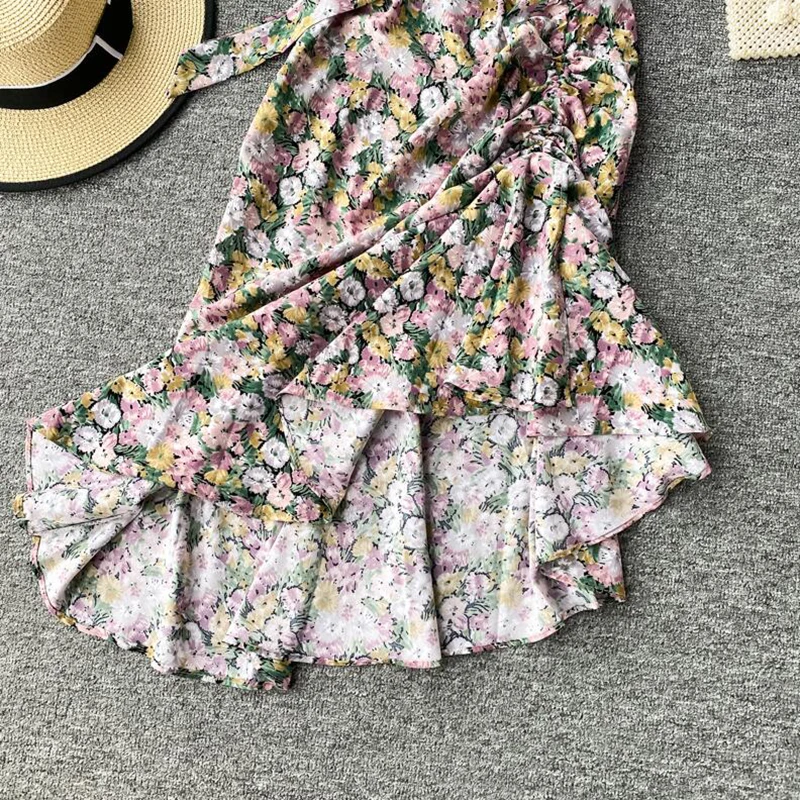 

2020 Summer Ladies Ruffles Short-sleeved Wrap Dress V-neck High Waist Floral Print Chiffon Fishtail Dress Women Sashes Vestidos