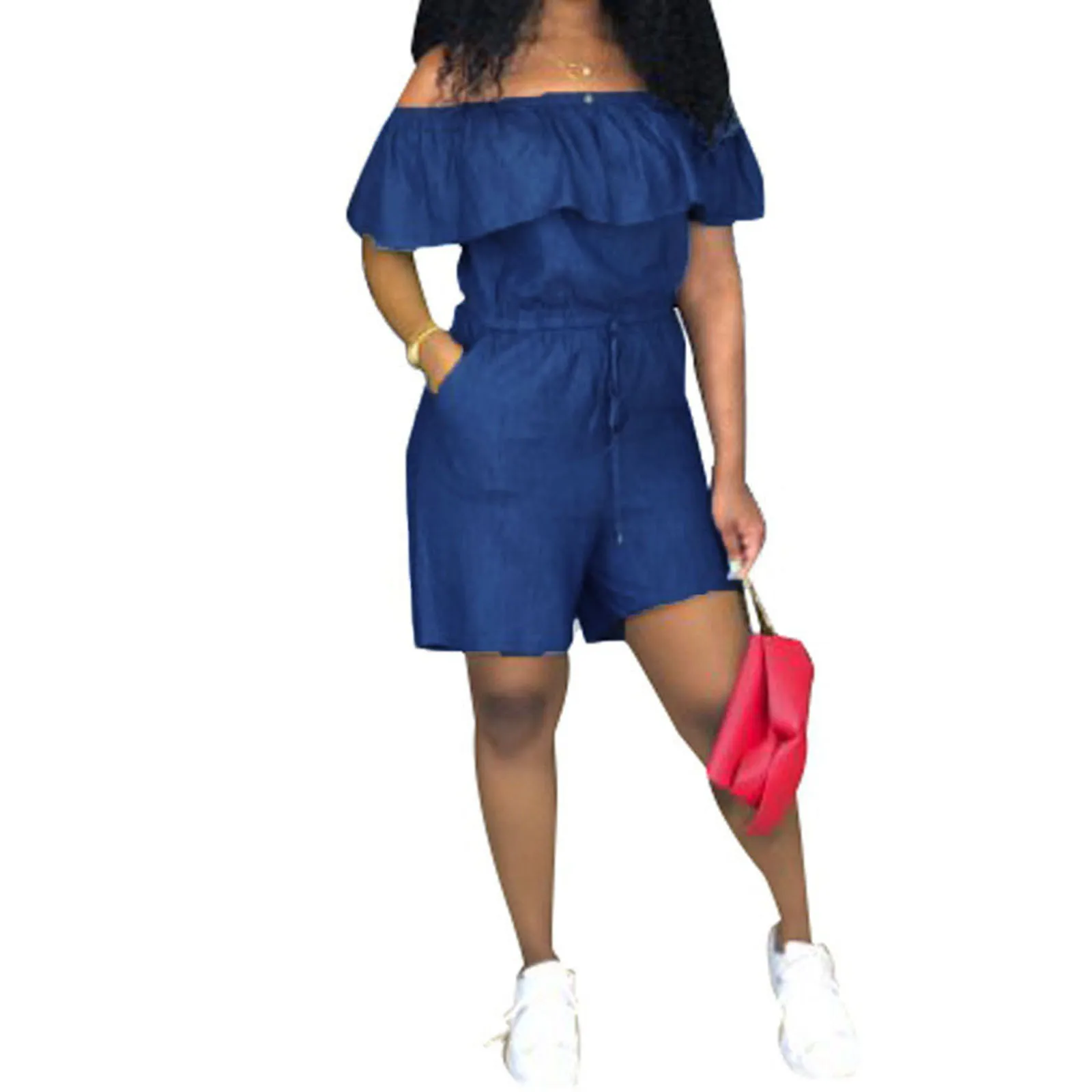 

Ladies Sexy Solid Color Jumpsuit Summer Women Off Shoulder Flouncing Casual Denim Shorts Siamese Trousers with Belt