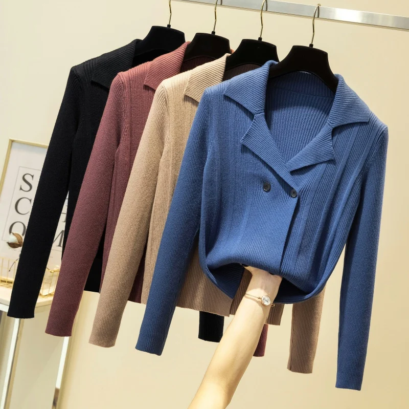 

2021 Spring Fall New Korean Blue V-neck Sweater Women's Clothing Knitted Cardigan Double-breasted Loose Jacket Long Sleeves