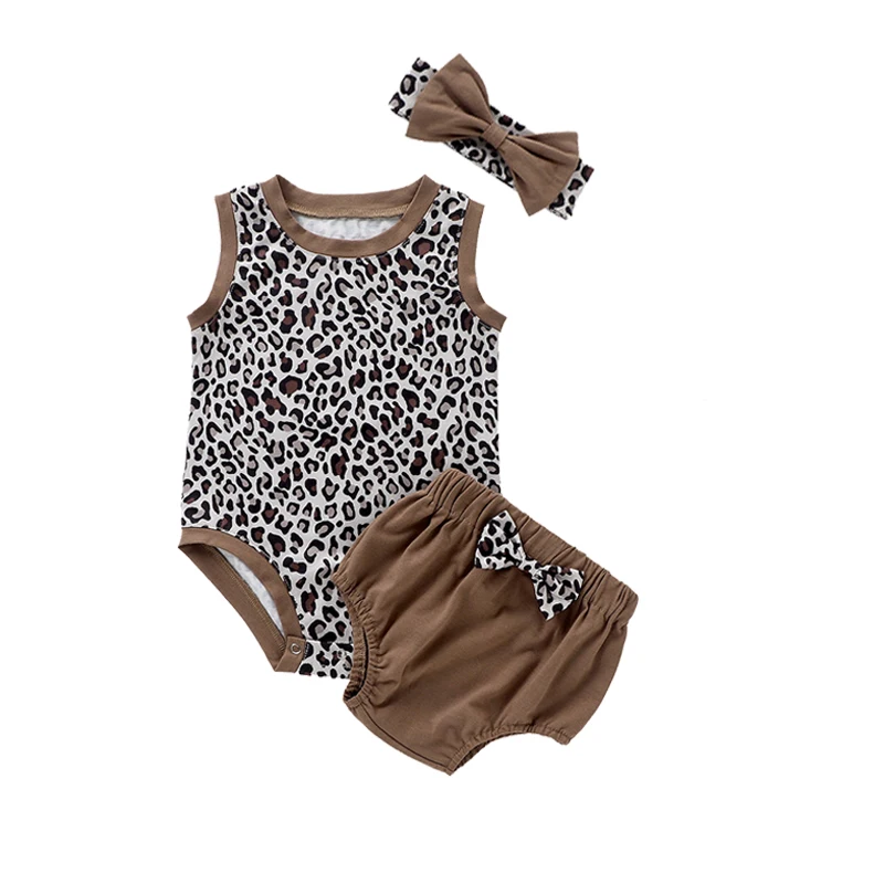 3 шт. детский летний комбинезон с леопардовым принтом шорты бантом и повязка на