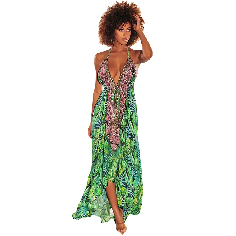 

Maxi Dress for Women Bohemian new 2021 Loose V-Neck Spaghetti Strap Print Sexy Retro Seaside Vacation Beach Dress