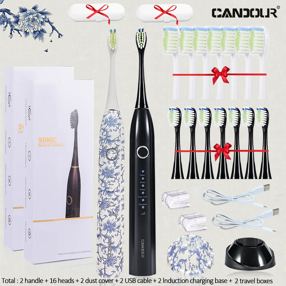 

Chinese style Blue and white pottery Sonic Electric Toothbrush USB Rechargeable Toothbrush with 8 Brush Head IPX7 Waterproof