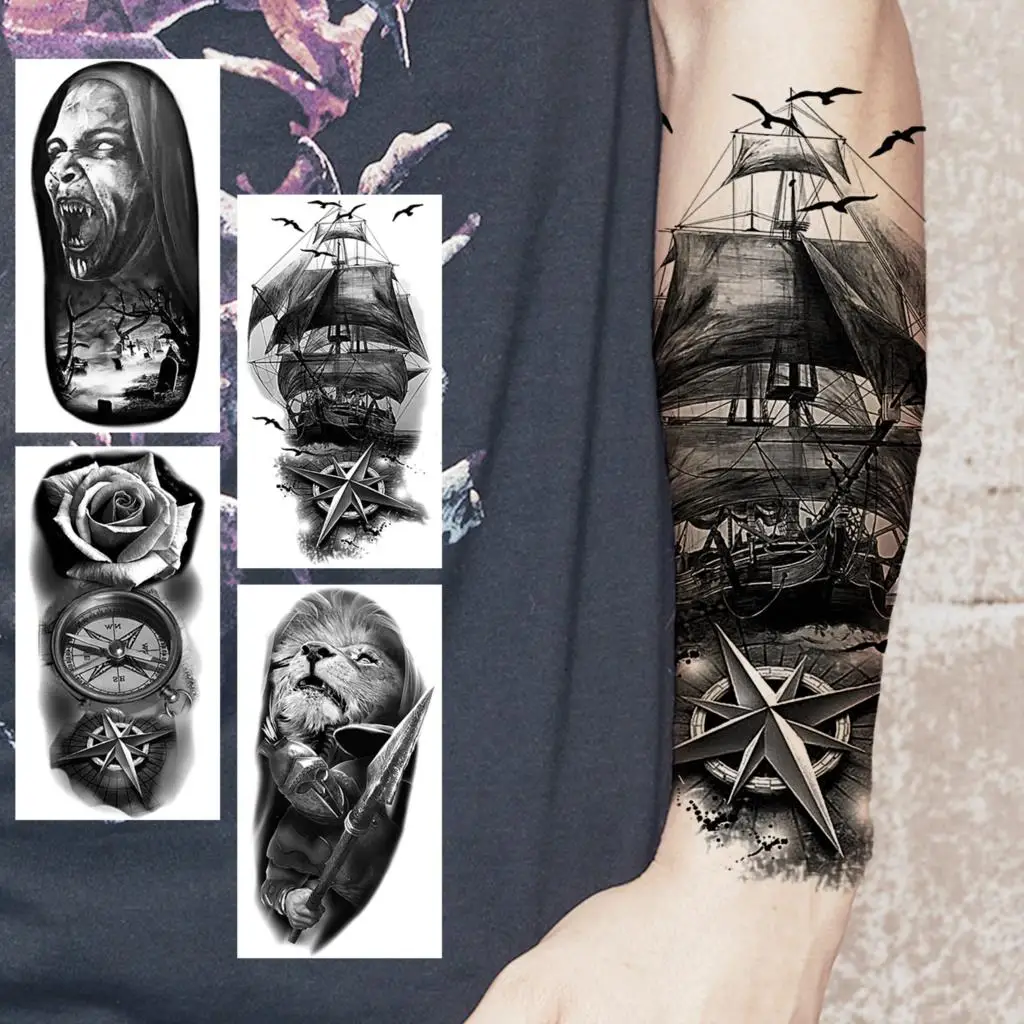 

Black Pirate Ship Temporary Tattoos For Men Adults Realistic Vampire Compass Lion Warrior Fake Tattoo Sticker Arm Body Tatoos