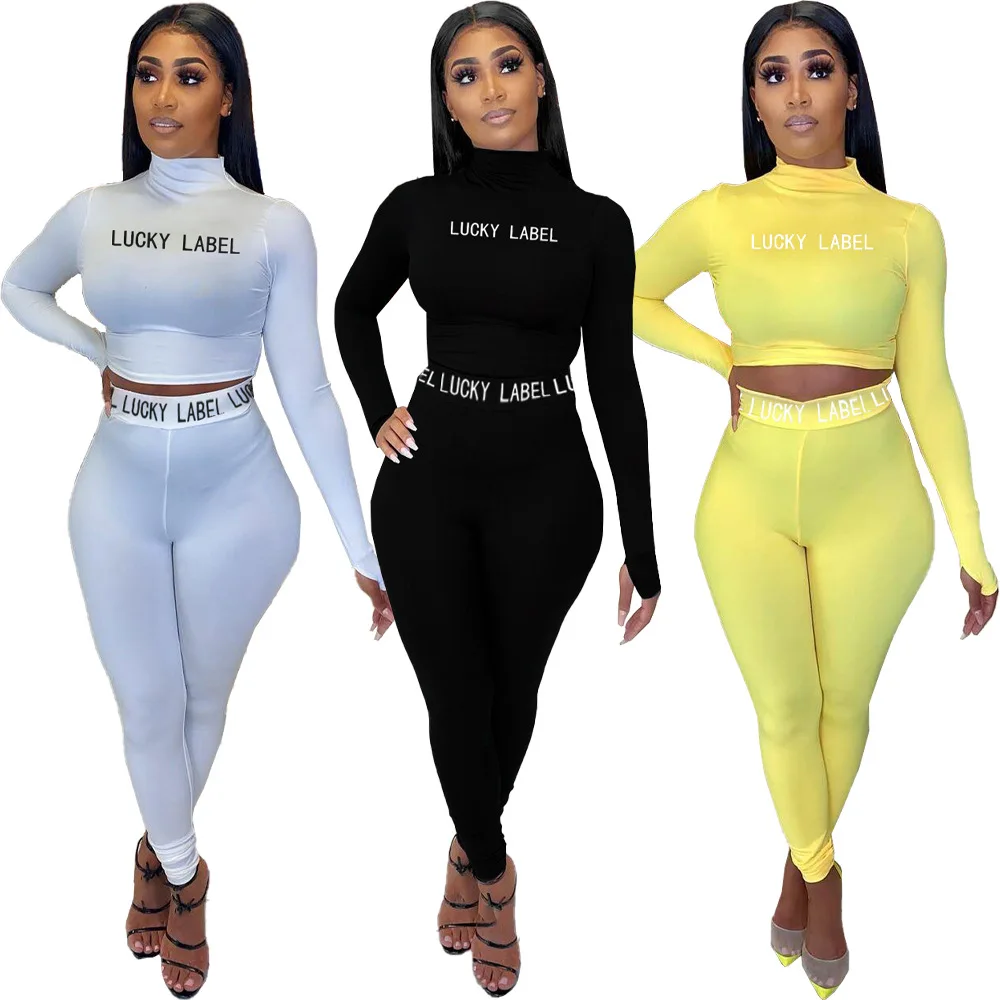 

Lucky Label Letter Print Tracksuit Women Jogging Femme Casual Sportswear Turtleneck Top + Legging Slim Two Piece Set Outfits
