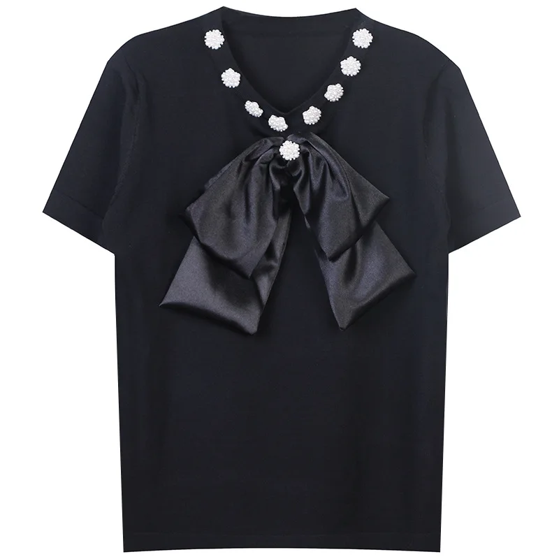 

Summer 2021 big bow button collar slim round neck thin short-sleeved T-shirt top, bow heavy beaded thin women's T-shirt top