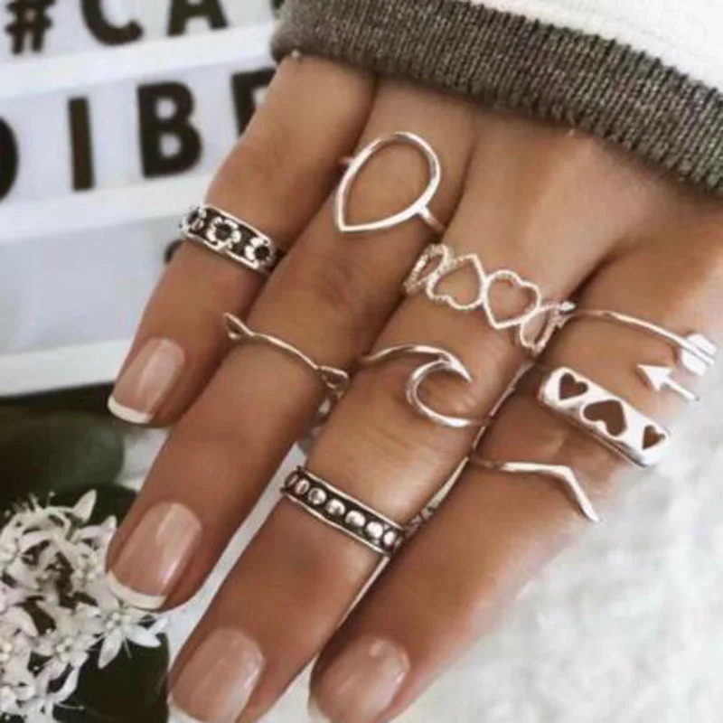 

Fashion Vintage Punk Ring Set Women Geometry Arrow Heart Charm Retro Crystal Antique Finger Ring for Women Boho Jewelry