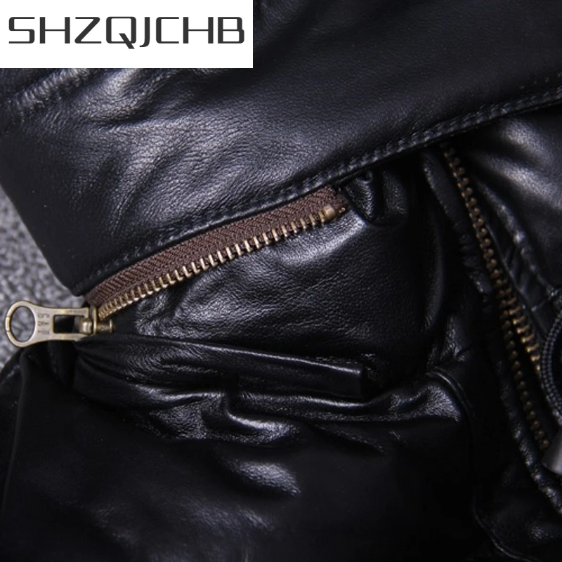 

JCHB 2021 Mens Slim Fit Thick Genuine Leather Hooded Jacket Streetwear Black Zip Sheepskin Real Leather Short Coat Winter Duck D