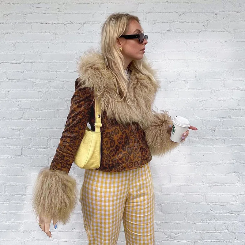 

Fashion Leopard Print Fur Patchwork Long Sleeves Slim Coat Single Breatsed Jacket For Women Casual High Streetwear Hot