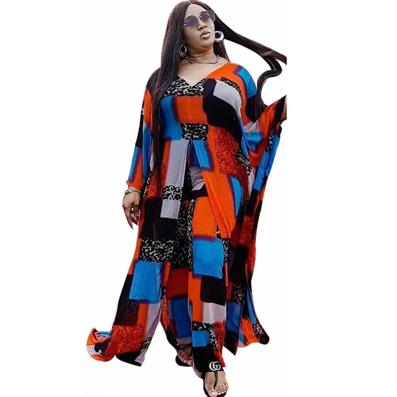 

Plus Size Women African 2 Picecs Set 2021 Summer Fall Chiffon Clothing Robe And Wide Pants Suit Dashiki Print Kaftan Outfits