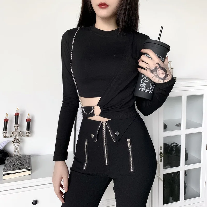 

2020 New harajuku black gothic Punk Women T-shirts Long Sleeve Tops with chain Hollow Out O-Neck Vintage Crop Top Tee