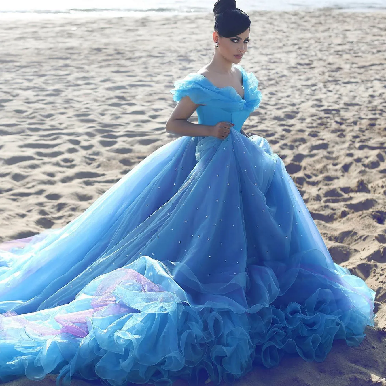 

Quinceanera Dress Blue Ball Gown 3D Flowers Princess Corset Tulle Sparkles Sweet 16 Dresses Vestido De Debutante