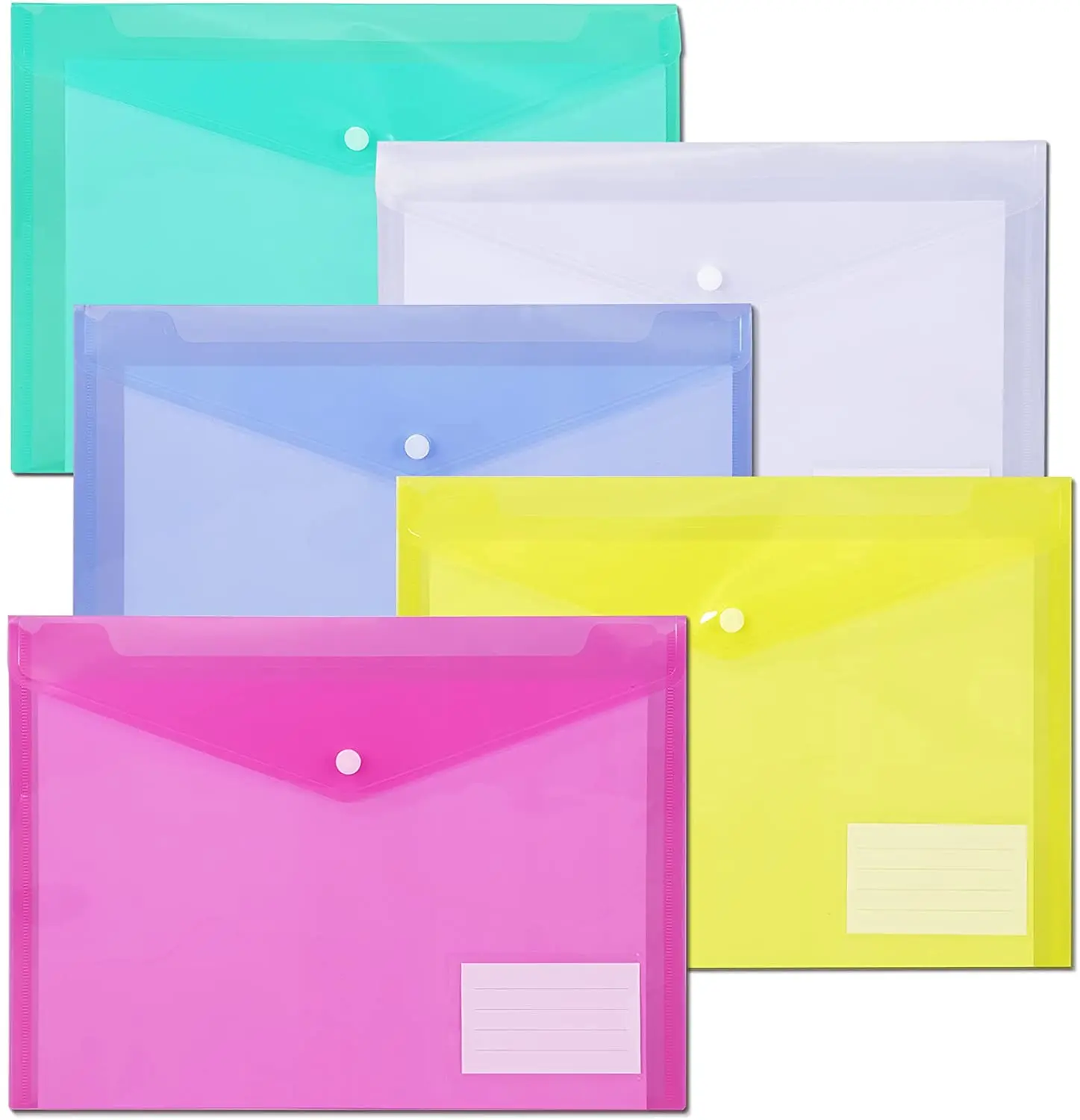 

5PCS A4 Size Poly Envelopes with Label Pocket Folders for Documents Clear Plastic File Envelope Folder with Snap Closure