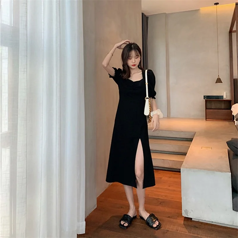 

French Hepburn Style Split Solid Black Dresses for women 2021 Elegant Square Neck Short Puff Sleeve Mini & Long Dress Robe Femme