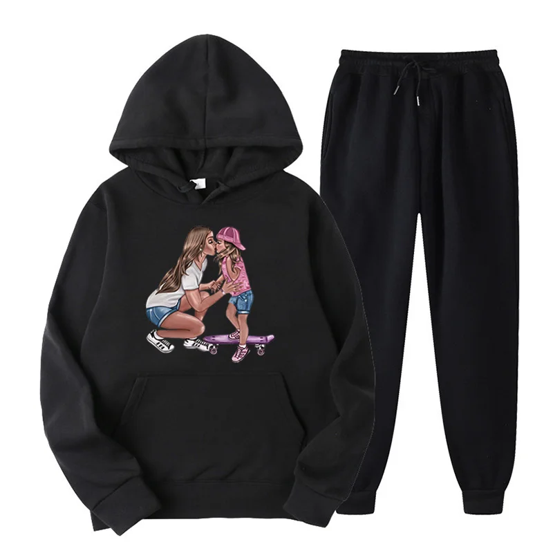 

Plus Size Two Piece Set Hoodie Suits Autumn Tops Kawaii Cartoon Mom & Baby Print Hooded Jogger Tracksuit Streetwear Loose Outfit