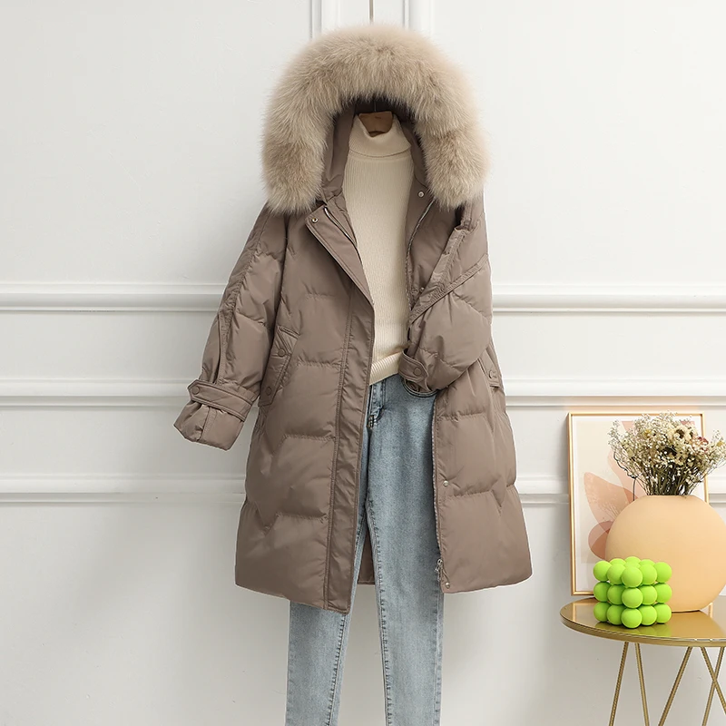 Fitaylor/зимняя длинная куртка с капюшоном и большим натуральным меховым воротником