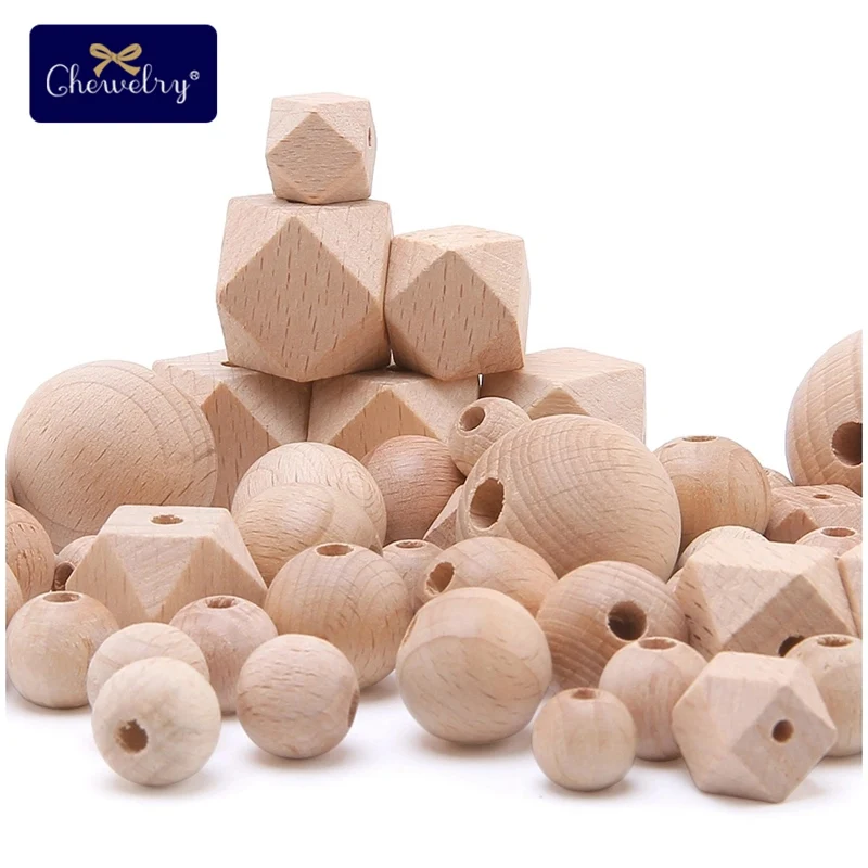 

10-30mm Geometric Wood Beads Beech Wooden Round Beads Baby Teether Chewable Spacer Beads For DIY Pacifier Chain Necklace Toys