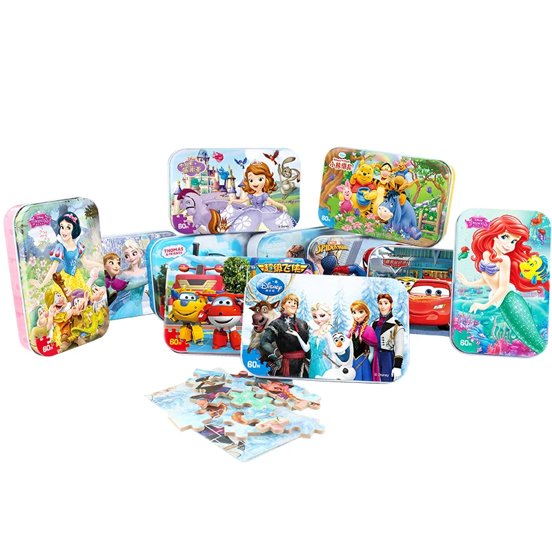 

Genuine Disney 60 Pieces Tin Box of Jigsaw Puzzle for Children Original Thomas Friends Jurassic World Frozen educational Toys