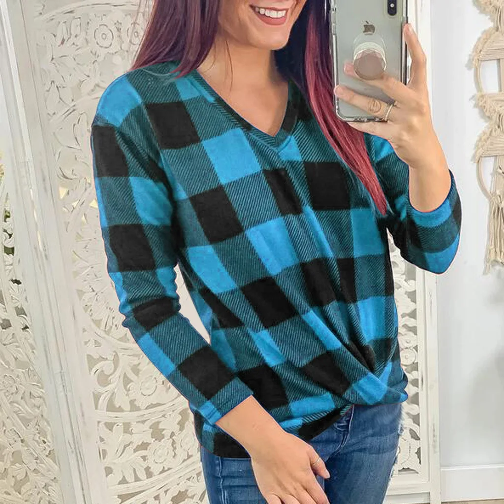 

2020 Autumn New Fashion Women V-Neck Long Sleeve Kink Plaid Top T-Shirt For Women Leisure Loose Fit Lady T Shirt