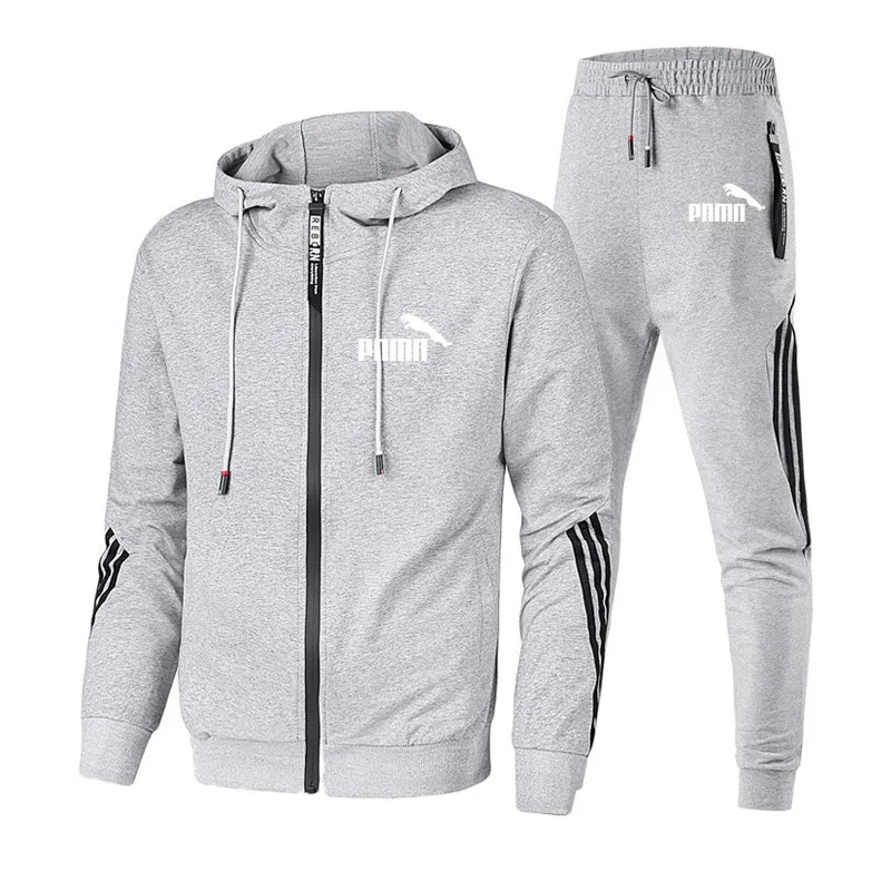 

2020 new fishing men's couple two-piece striped sportswear spring and autumn striped jacket full sleeve top + outdoor sports pan