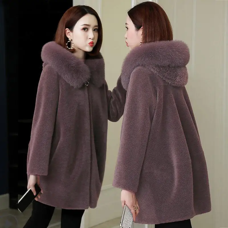 Женская зимняя шуба из овечьей шерсти куртка натурального меха лисы с капюшоном