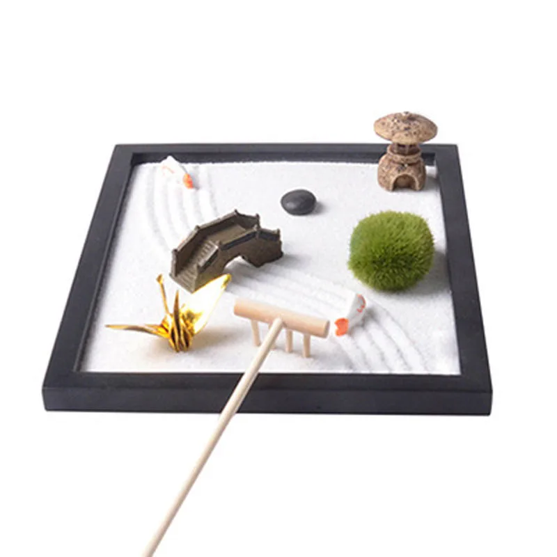 

Zen Garden Sand Tray Natural Stones Wood Rake Meditation Peaceful Release Stress Stimulate creativity Craft Home Decorative