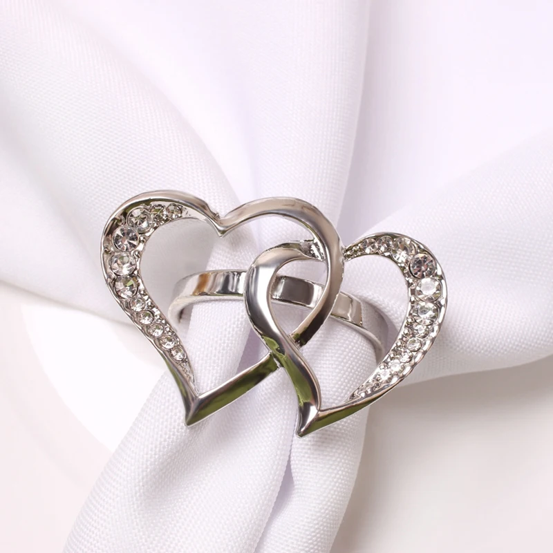 

Set of 6 Napkin Ring Buckle Holder Double Heart Rhinestones Napkin Rings Buckle for Valentine's Day Wedding Table Decor