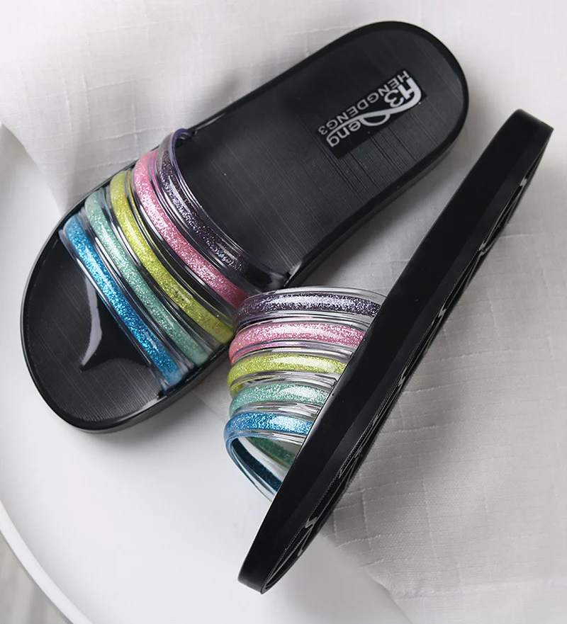 Женские летние шлепанцы пляжные Вьетнамки с радужной прозрачной толстой