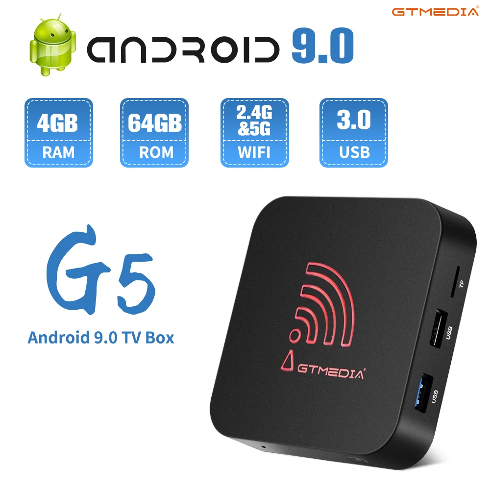 

GTmedia G5 smart tv box android 9.0 Built-in Wifi LAN Bluetooth 4K HD, Support Picasa,Youtube,Flicker,Facebook,Online movies,etc
