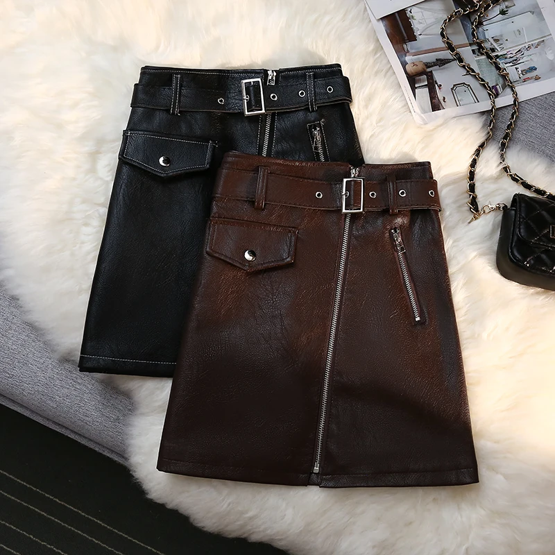 

LJSXLS Autumn And Winter Elegant High Waist Pu Leather Skirt Women Fashion Zipper Black A-line Female Sexy Mini Skirts With Belt